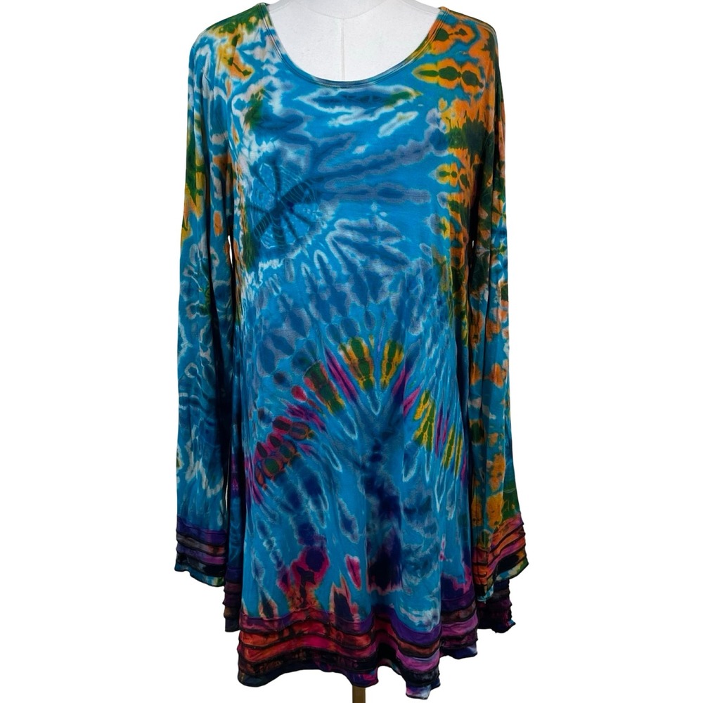 Cherith Brook Tie Dye Tunic Top Womens OS Blue Layered Hem Ruffle Lagenlook Boho